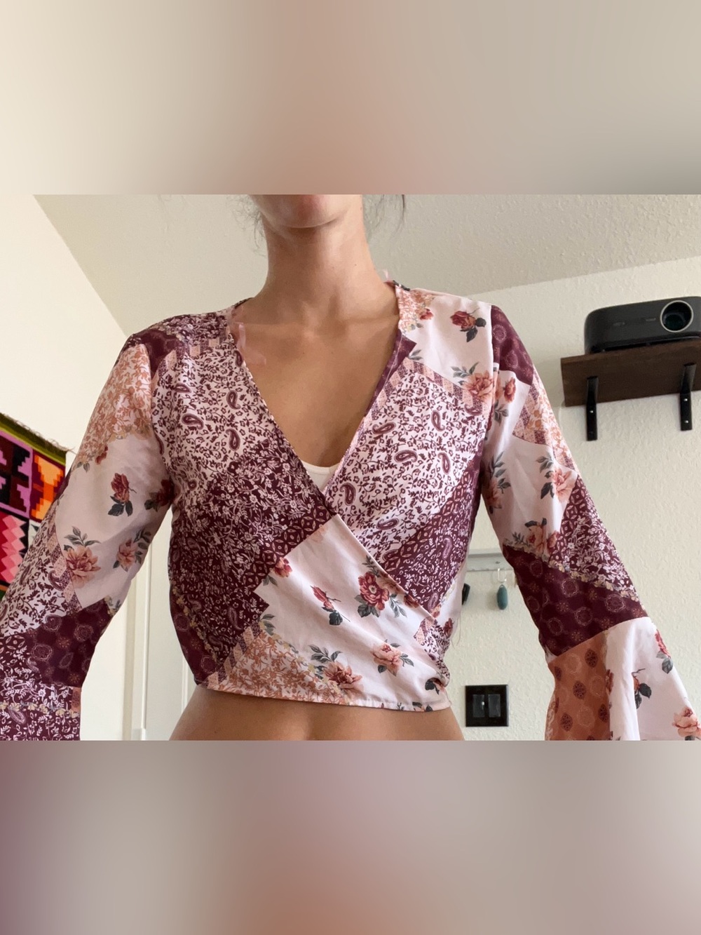 Women's Pink & Burgundy Floral Patchwork Wrap Top